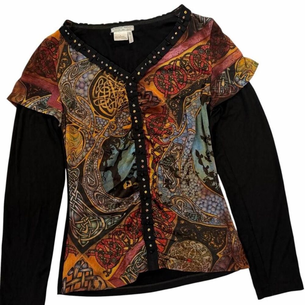 Vintage Alberto Makali black blouse with multicolored abstract graphic print